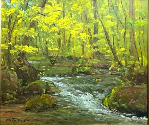 The teacher lives near the Oirase Stream in Towada City. He paints on site until completion! Oil painting Hidenori Tanaka No. 10 Shunkei Oirase [Masamitsu Gallery], painting, oil painting, Nature, Landscape painting