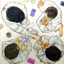 少女達がトランプをして楽しんでいる光景を俯瞰図で描いた、珍しい構図の作品です。　守屋亜矢子　100×100　「トランプ」　【正光画廊】　_画像2