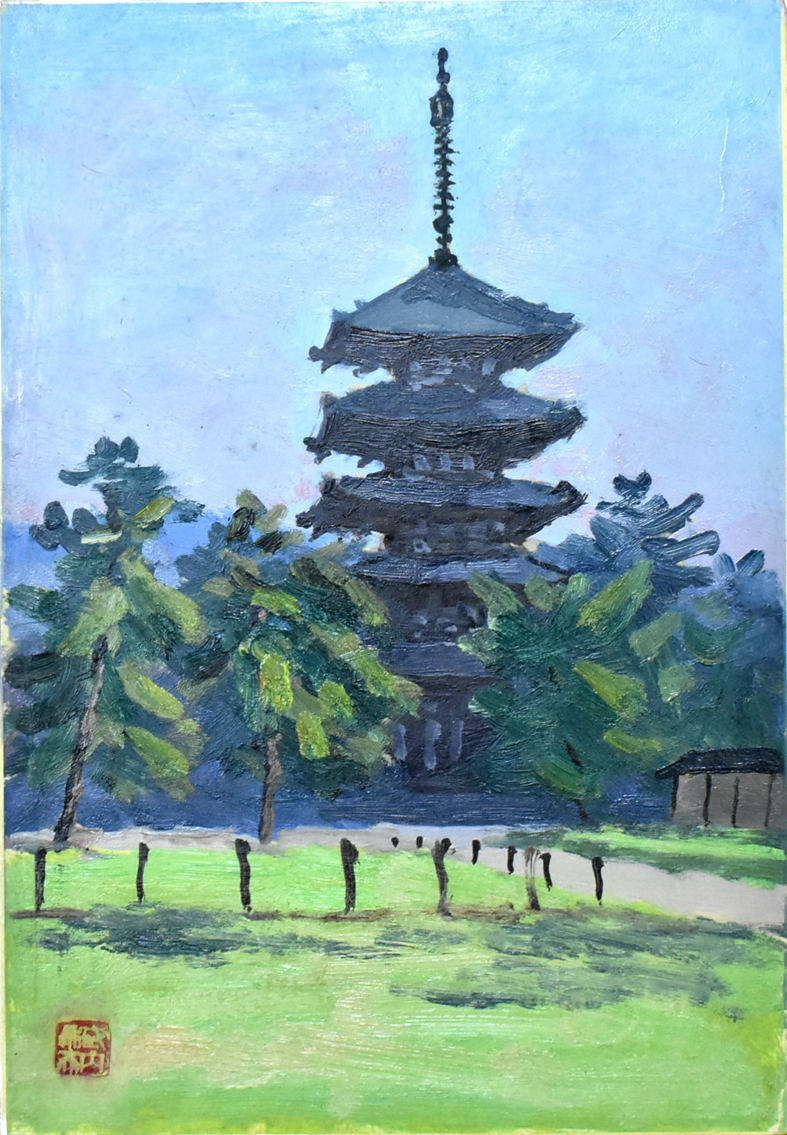 Esta es una pieza maravillosa, con un rico, Tacto suave y una sensación rica que te hace sentir el aliento del artista. Pintura occidental de Kazuo Takeuchi SM Principios de primavera en la torre del templo Kofukuji [Galería Seiko], Cuadro, Pintura al óleo, Naturaleza, Pintura de paisaje