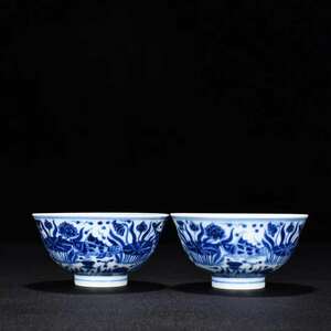 明宣徳 青花染付 魚藻文杯2客 唐物 中国美術 工芸品 高さ4cm 直径8.5cm 【HB579】