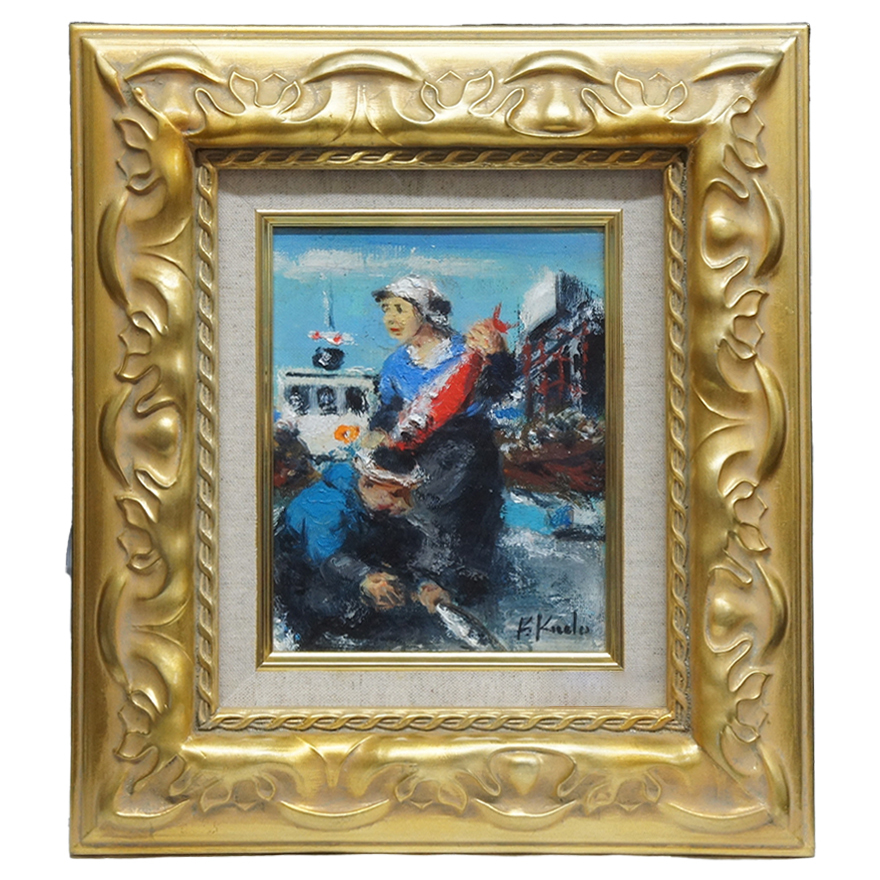 Kazuo Kudo Red Fish and Fisherwoman Oil painting F0 size Hand-painted Framed P-177, Painting, Oil painting, Nature, Landscape painting