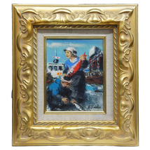 工藤和男　「赤い魚と漁婦」　油彩画　F0号　肉筆　 額装 P-177_画像1