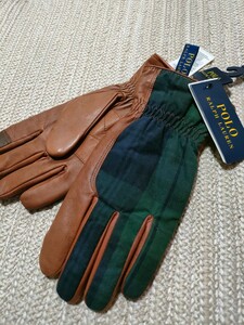 新品 定価24200 ポロ ラルフローレン レザー 牛革 グローブ 手袋 M 茶 ブラウン ブラックウォッチ RALPH LAUREN インド製 スマホ対応