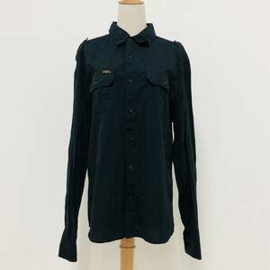 a02643 美品 AUTHENTIC APPAREL シャツ 長袖 コットン100％ ポケット ロゴワッペン 薄手 春 秋 XL 黒 メンズ レトロヴィンテージスタイル