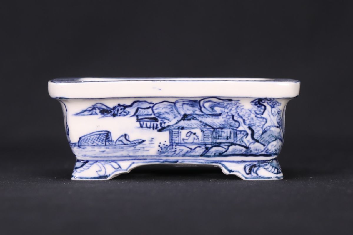 石井盆栽】人気絵付作家 松山美山作「美山外縁染付折り紙形欅文模様