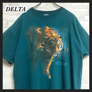 【DELTA】デルタ トラ柄プリント　タイガー　グリーン　緑　メンズ　Lサイズ　古着　半袖tシャツ Ｔシャツ