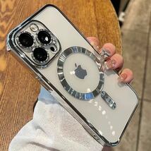 iPhone14Proケース 最新ツヤオシャレ韓国大人気 クリア ハイグレード 強化ガラス カメラレンズカバー付 マグセーフ対応 シルバー_画像2