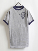 60s 70s ★ モックネック カレッジ プリント ピン ボーダー 柄 半袖 コットン Tシャツ ( メンズ 男性 S程 ) 60年代 70年代 ビンテージ 古着_画像1