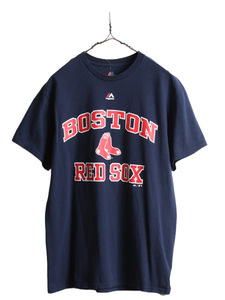 デッドストック ■ MLB オフィシャル Majestic レッドソックス プリント 半袖 Tシャツ メンズ M / ロゴT メジャーリーグ ヘビーウェイト 紺