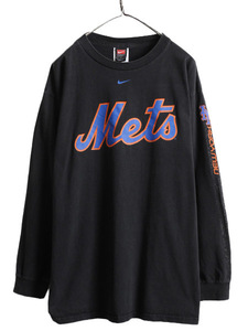 00s ■ ナイキ MLB オフィシャル メッツ プリント 長袖 Tシャツ ( メンズ L ) 00年代 TEAM NIKE ロンT センター スモール スウォッシュ 黒