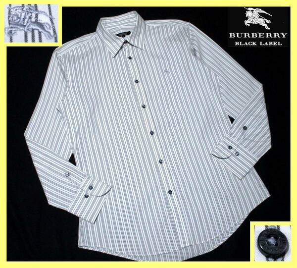 大人気サイズ L(3) 美品 バーバリーブラックレーベル シルバーホース刺繍 バーバリーストライプ総柄 ストレッチ シャツ
