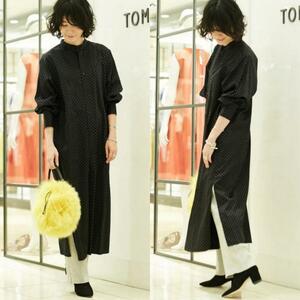 MACPHEE コットンサテンドットプリント ロングシャツワンピース 黒 36