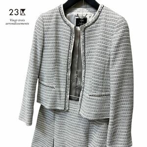 美品 ☆ 23区 ニジュウサンク ツイード ノーカラー ジャケット & スカート スーツ 上下 セットアップ 40 (L) レディース 白 セレモニー