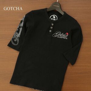 GOTCHA ガッチャ 春夏 5分袖 ヘンリーネック ロゴ刺繍★ ミニワッフル サーマル カットソー Tシャツ Sz.S　メンズ 黒 サーフ　C3T06944_8#D