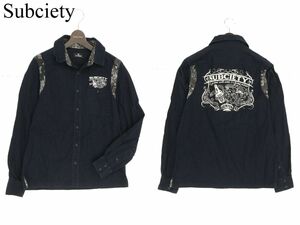 Subciety サブサエティ 通年 長袖 ロゴ刺繍★ プリント ペイズリー切替 ワーク シャツ Sz.M　メンズ 黒 日本製　C3T06750_7#C