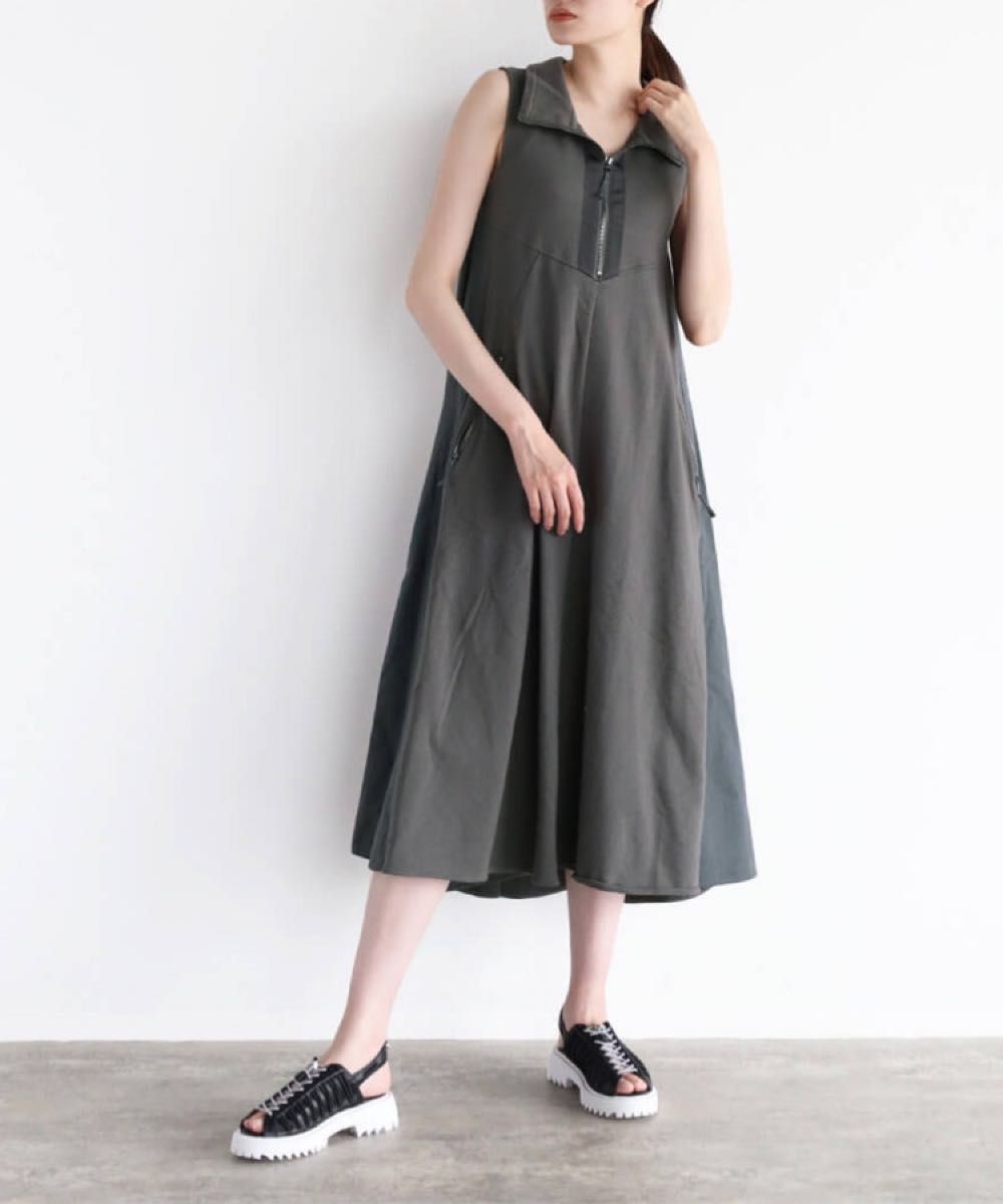 Rene】異素材コンビドレス エコレザー ノースリーブ-