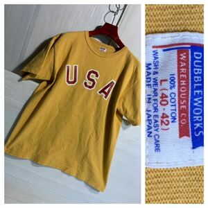 DUBBLE WORKS WAREHOUSE ダブルワークス　ウェアハウス　三恵メリヤス　日本製　USA アーチプリント　半袖　Tシャツ　黄　L 40-42