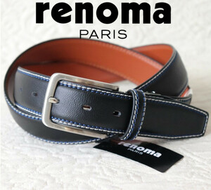 新品タグ付き【renoma PARIS レノマ】上質シボ感 ステッチ差し色 レザーベルト ビジネス紳士 黒 最大100㎝ v3581-⑨