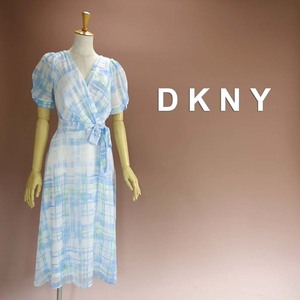 新品 DKNY 8/13号 ダナキャラン 青 白 シフォン カシュクール風 ワンピース パーティドレス 結婚式 二次会 披露宴 フォーマル 輝51N1203