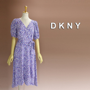 新品 DKNY 8/13号 ダナキャラン 白 青 赤 花柄 ワンピース パーティドレス 半袖 結婚式 二次会 披露宴 オフィス フォーマル 輝48N1206