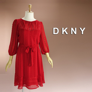 新品 DKNY 16/21号 ダナキャラン 赤 シフォン ワンピース パーティドレス 長袖 大きいサイズ 結婚式 二次会 披露宴 フォーマル 葵47N3002