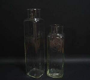 【寂】 昭和初期 保存瓶 ハーバリウム ガラス容器　大小2点セット希少品 四方型丸口 大：高さ約33cm アンティーク s50802