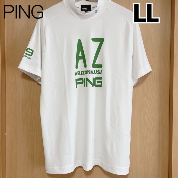 ピン PING メンズ ロゴ入り 鹿の子 ストレッチ 半袖ハイネックシャツ白LL