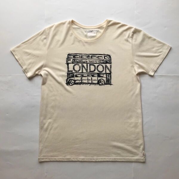 00s FREQUENCY クルーネックTシャツ 細リブ LONDONバス フロッキープリント 薄手 ナチュラルアイボリー 日本製
