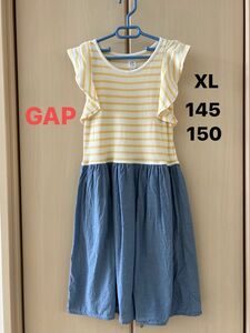 【GAP】(USED) 〈着用回数少なめ〉袖フリルボーダー切り替えワンピース 145 150