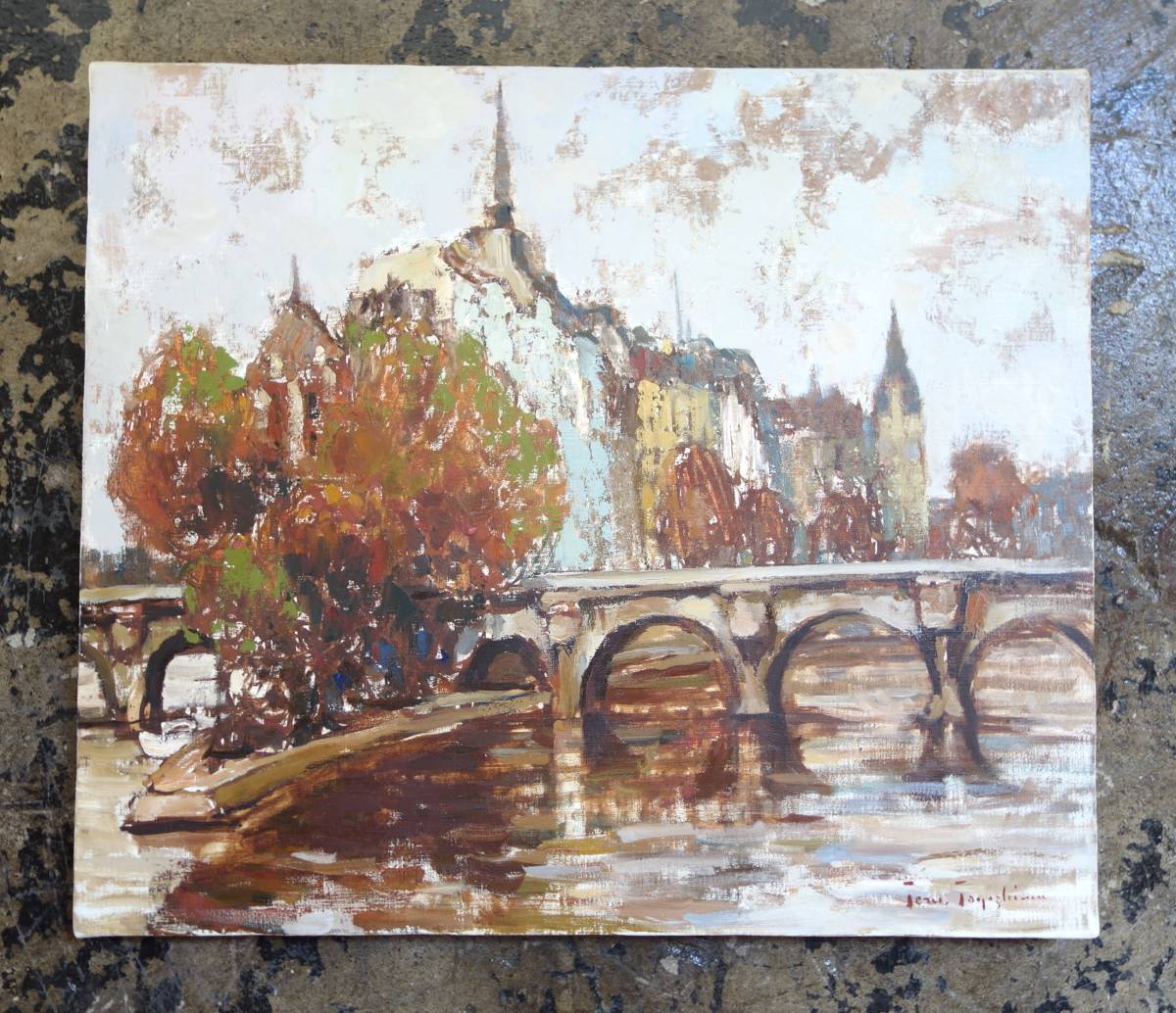 Modern Art Art*Oil Painting Authenticity Guaranteed *Work Title Unknown Seine River Landscape Europe France Paris *Author Unknown*No.F10*Large High-Class Framed Item, painting, oil painting, Nature, Landscape painting