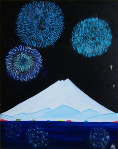 ≪国美協≫TOMOYUKI・友之、『富士山・花火（冬）』、油彩画、F30号：90,9×72,7cm、油絵一点物、新品油彩額付、直筆サイン・真作保証付