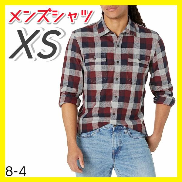 ヘリンボーンシャツ 長袖 メンズ XSサイズ Sサイズ シャツ コットン ヴィンテージ 赤 チェック シンプル お洒落 トップス