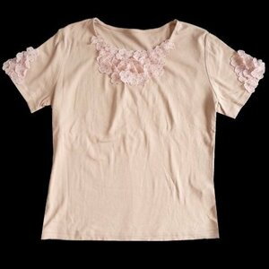  new goods VIANTE flower race motif T-shirt Pink Lady -s cut and sewn tops short sleeves half ..