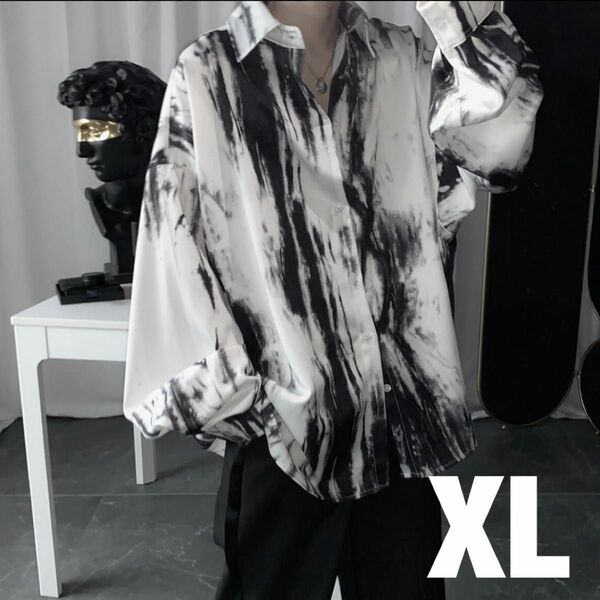 【XLサイズ・在庫一掃セール】絞り染めプリント長袖シャツ オーバーサイズ 柄シャツ 柄プリント 水墨 墨 薄手