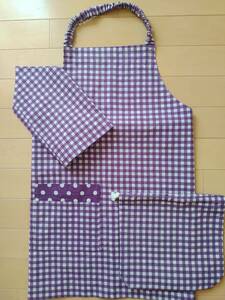 * hand made apron 3 point set 140 rom and rear (before and after) purple .. pattern reverse side dot pocket attaching *