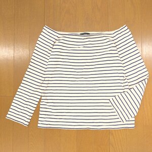 Theory theory off shoulder border cut and sewn S ivory × navy . minute sleeve T-shirt long T domestic regular goods lady's for women 