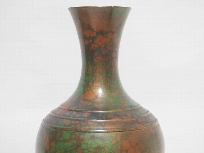 B0880 龍仙 作 斑文 鋳銅 花瓶 ☆ 高24.7㎝ 花道具 華