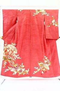 【着物フィ】アンティーク 訪問着 金駒刺繍 ピンク色 身丈155cm　扇　大正ロマン レトロ 正絹 袷 kimono 14303