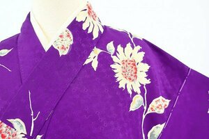 【着物フィ】アンティーク 小紋　紫色　花　身丈147cm 可愛い 大正ロマン レトロ 正絹 仕立て上がり 袷 14167