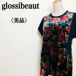 2303-0742 glossibcaut　バラ柄プリント リブニット ベロア切替 半袖 プルオーバー 大人フェミニン 大人かわいい オシャレ 高見え