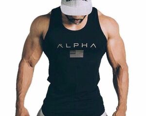 【XXL-size】ALPHA ボディビル タンクトップ 黒ブラック/パワー/メンズ/トレーニング/スポーツ/ウェア/ジム/GYM/ハウス/カネキン/ダンベル