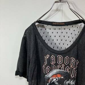 古着 プリント シースルー デザイン 光沢 ロールアップ ラウンドカット 半袖 Uネック Tシャツ ブラック S