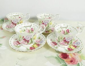 ★ROYAL ALBERT ロイヤルアルバート【カップ＆ソーサー】金彩＆花柄 4月 April スイートピー/フラワーオブマンスリー 4客まとめて★