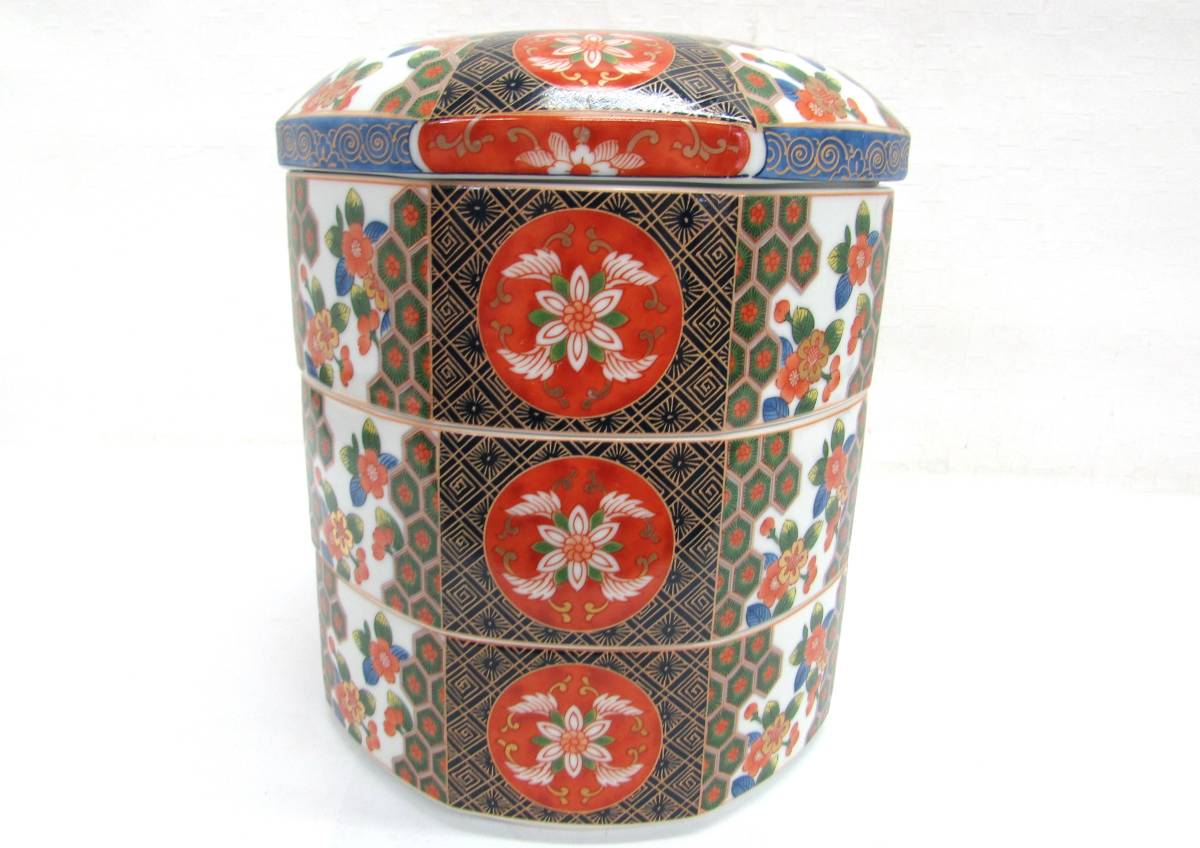保管品ほぼ未使用有田焼京紫龍峰陶器製丸型八角3段重重箱/おせち/御節