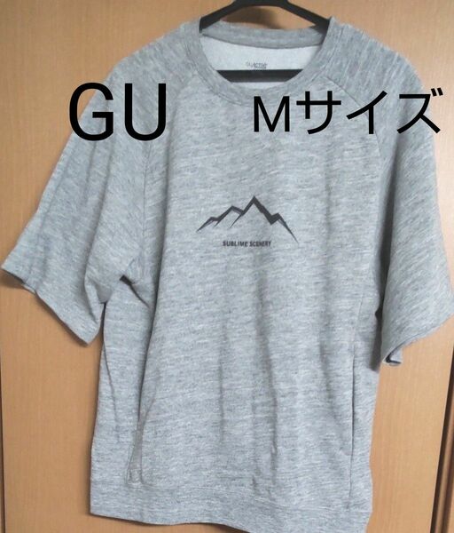 GU ドライスウェット Mサイズ メンズ グレー ビッグプルオーバー 5分袖 グラフィック 半袖 スウェット Tシャツ