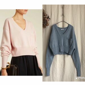 レア Chloe クロエ 2017AW カシミヤ ビックポケット Vネック ニット/セーター DUSKY BLUE XS カシミア