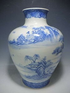 40072/○大花瓶 山水図 幕末～明治 1860～1900年 時代物 高さ42cm程 花器 花入 華道具 茶道具 骨董