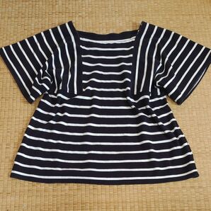 フェリシモ フレアースリーブ ボーダーカットソー ネイビー