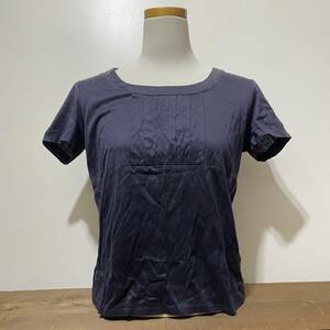 ○ BURBERRY LONDON 半袖 カットソー Tシャツ ネイビー 紺色 無地 刺繍 １ フロントプリーツ タック レクセル コットン 三陽商会