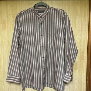 ヴィンテージ 80s ノーカラー 長袖シャツ ストライプシャツ ウール100% Lサイズ